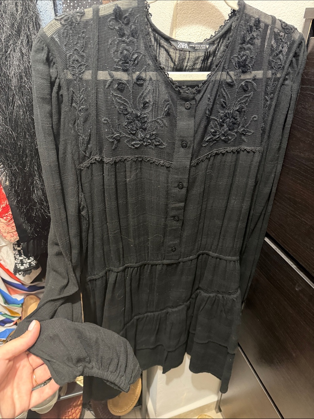 ZARA Black Long-Sleeve Embroidered Tiered Dress